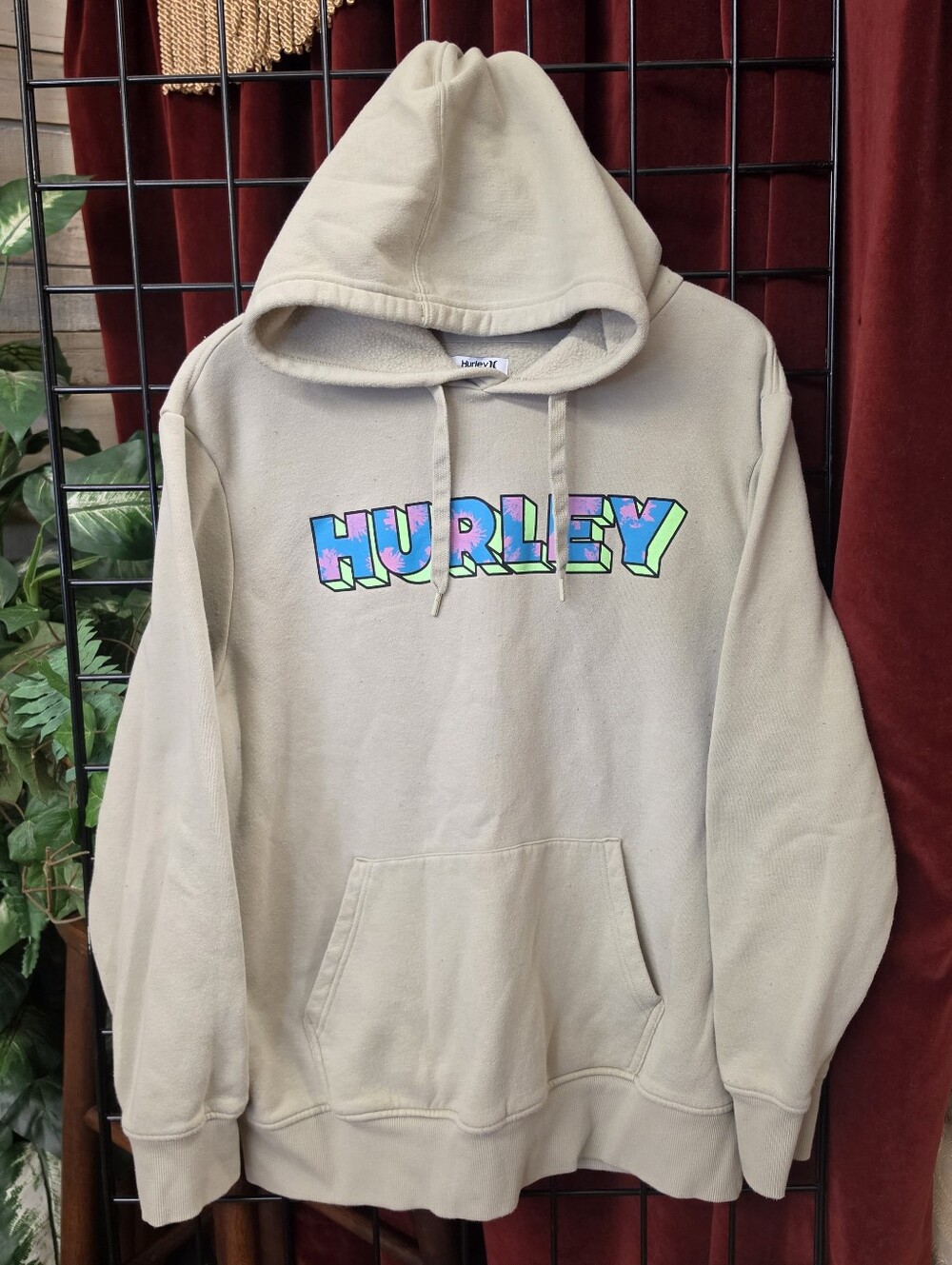 Hurley Beige Hoodie with Multicolor Blue-Green Logo